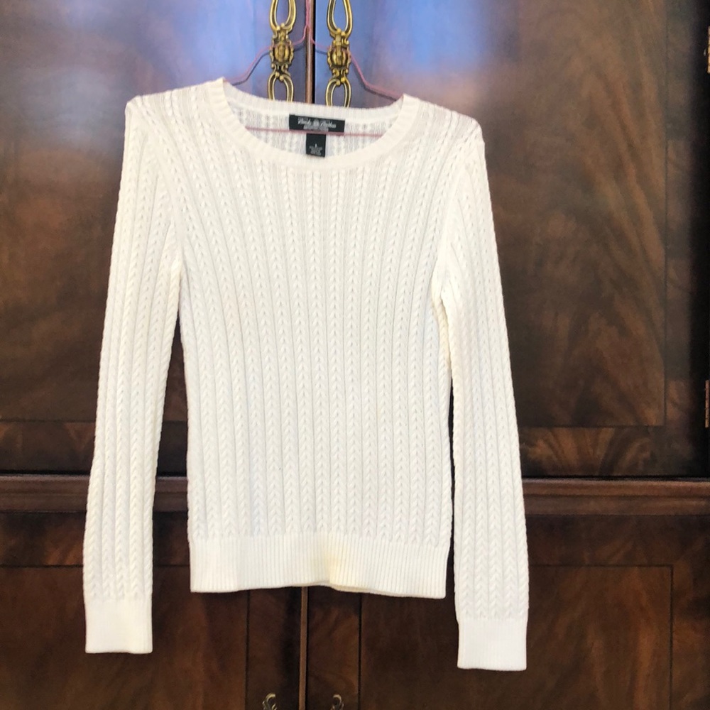 White Brooks Brothers cotton fisherman’s knit sweater.